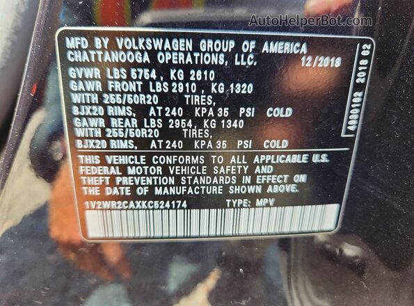 1V2WR2CAXKC524174 2019 VOLKSWAGEN ATLAS Black Widok komory silnika