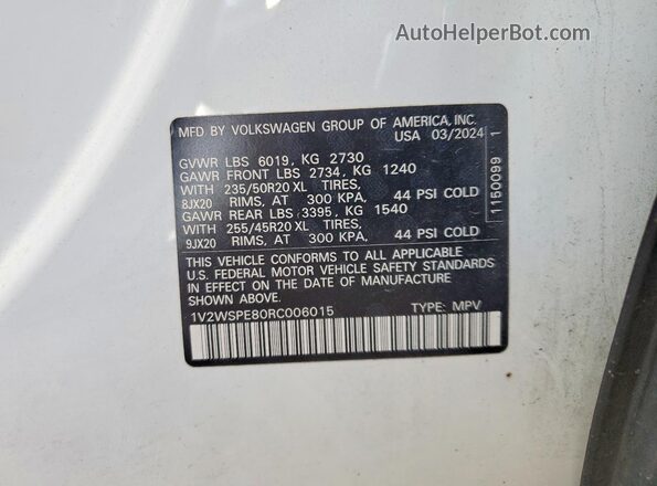 1V2WSPE80RC006015 2024 VOLKSWAGEN ID.4 White Вид наклейки з VIN-кодом