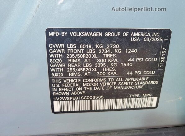1V2WSPE81SC003565 2025 VOLKSWAGEN ID.4 Turquoise Widok naklejki z numerem VIN