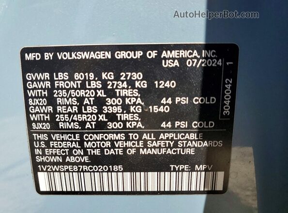 1V2WSPE87RC020185 2024 VOLKSWAGEN ID.4 Teal Вид наклейки з VIN-кодом
