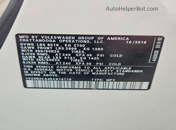 1V2XR2CA4KC614716 2019 VOLKSWAGEN ATLAS White Вид наклейки з VIN-кодом