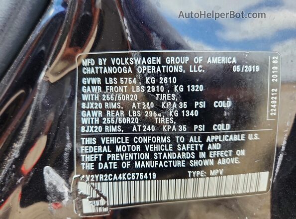 1V2YR2CA4KC575419 2019 VOLKSWAGEN ATLAS Black VIN კოდის სტიკერის ხედი