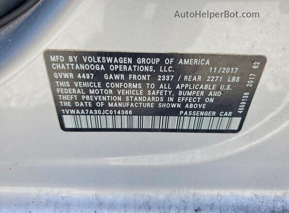 1VWAA7A30JC014366 2018 VOLKSWAGEN PASSAT Серебряный Вид наклейки с VIN-кодом