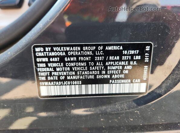 1VWAA7A31JC010603 2018 VOLKSWAGEN PASSAT Черный Вид наклейки с VIN-кодом