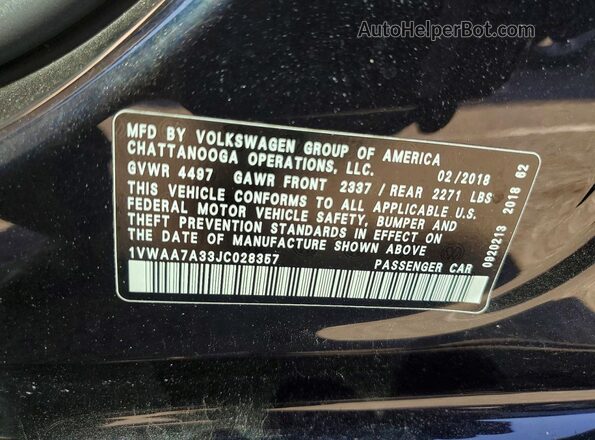 1VWAA7A33JC028357 2018 VOLKSWAGEN PASSAT Black Շարժիչի բաժամունքի տեսք
