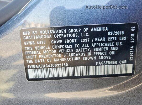 1VWAA7A34JC032160 2018 VOLKSWAGEN PASSAT Gray VIN կոդի պիտակի տեսք