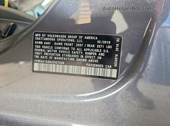 1VWAA7A39JC027245 2018 VOLKSWAGEN PASSAT Gray VIN sticker view