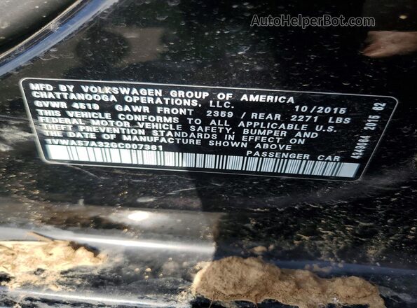 1VWAS7A32GC007361 2016 VOLKSWAGEN PASSAT Черный Вид наклейки с VIN-кодом
