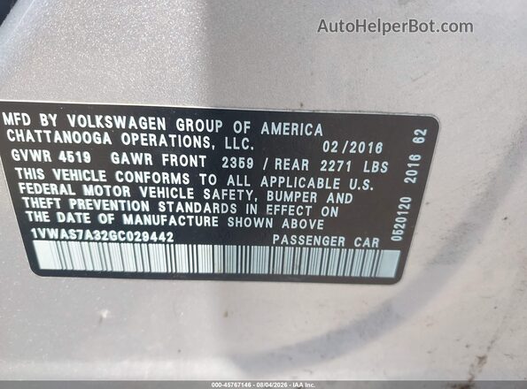 1VWAS7A32GC029442 2016 VOLKSWAGEN PASSAT Silver Vista del compartimento del motor