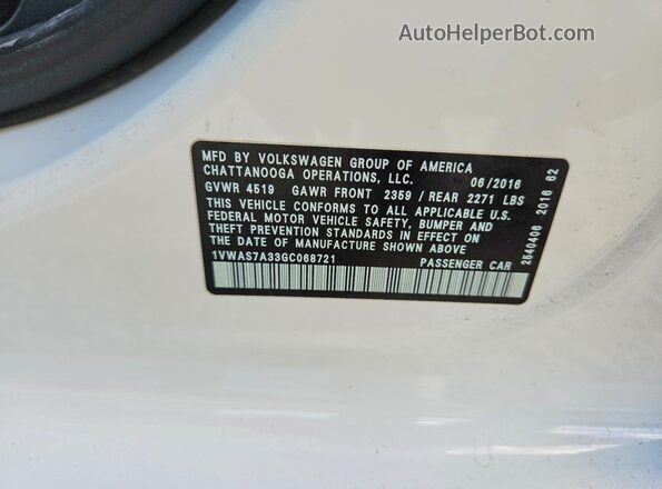 1VWAS7A33GC068721 2016 VOLKSWAGEN PASSAT White ძრავის განყოფილების ხედი