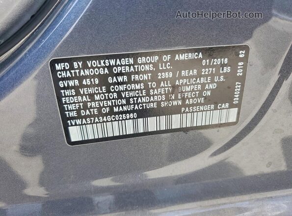 1VWAS7A34GC025960 2016 VOLKSWAGEN PASSAT Silver Vista del compartimento del motor