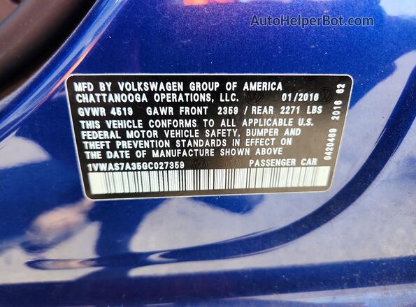 1VWAS7A35GC027359 2016 VOLKSWAGEN PASSAT Синий Вид подкапотного пространства