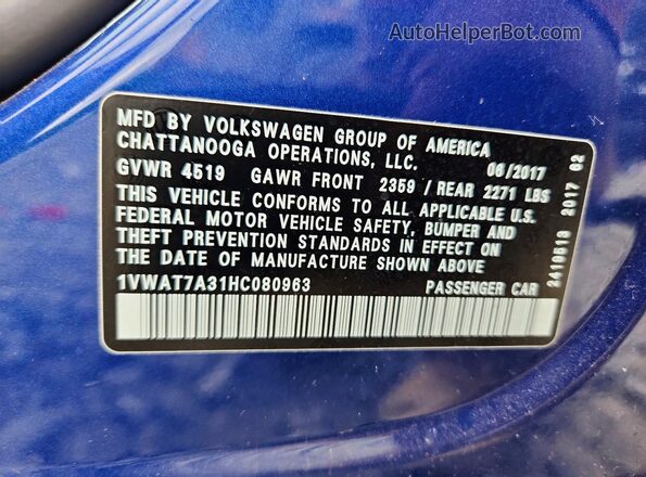 1VWAT7A31HC080963 2017 VOLKSWAGEN PASSAT Синий Вид наклейки с VIN-кодом