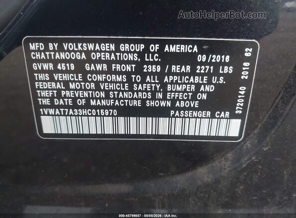1VWAT7A33HC015970 2017 VOLKSWAGEN PASSAT Black Շարժիչի բաժամունքի տեսք