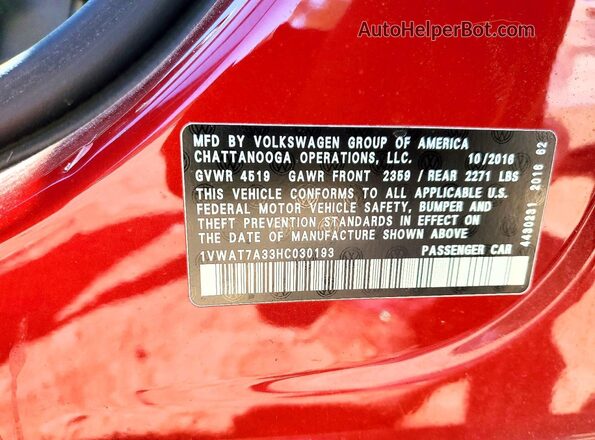1VWAT7A33HC030193 2017 VOLKSWAGEN PASSAT Red Engine compartment view
