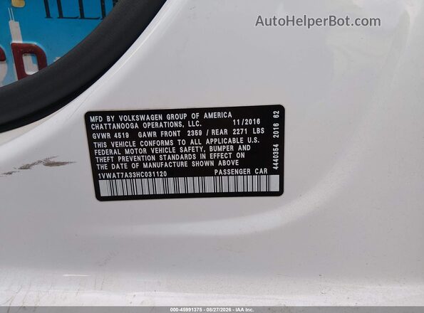 1VWAT7A33HC031120 2017 VOLKSWAGEN PASSAT White Widok komory silnika
