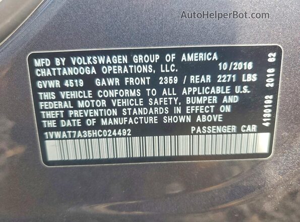 1VWAT7A35HC024492 2017 VOLKSWAGEN PASSAT Gray Vista del compartimento del motor