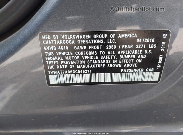 1VWAT7A36GC049271 2016 VOLKSWAGEN PASSAT Gray Widok komory silnika