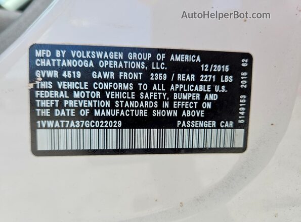 1VWAT7A37GC022029 2016 VOLKSWAGEN PASSAT White Շարժիչի բաժամունքի տեսք