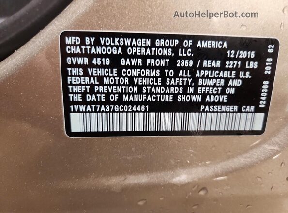 1VWAT7A37GC024461 2016 VOLKSWAGEN PASSAT Желто-коричневый Вид наклейки с VIN-кодом