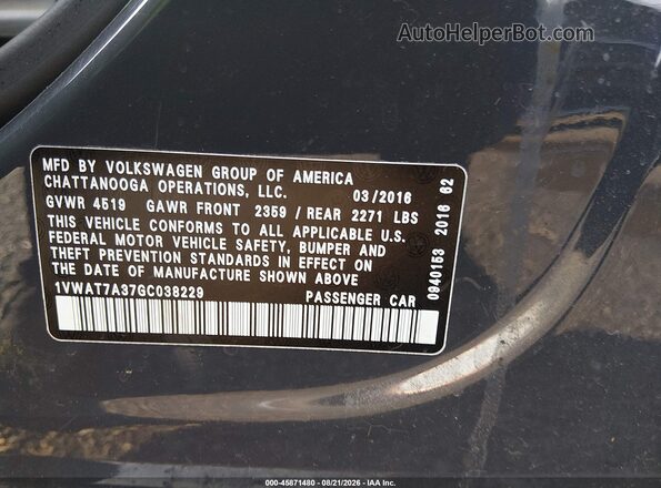 1VWAT7A37GC038229 2016 VOLKSWAGEN PASSAT Gray ძრავის განყოფილების ხედი