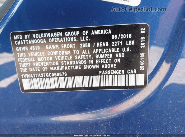 1VWAT7A37GC068573 2016 VOLKSWAGEN PASSAT Синий Вид подкапотного пространства