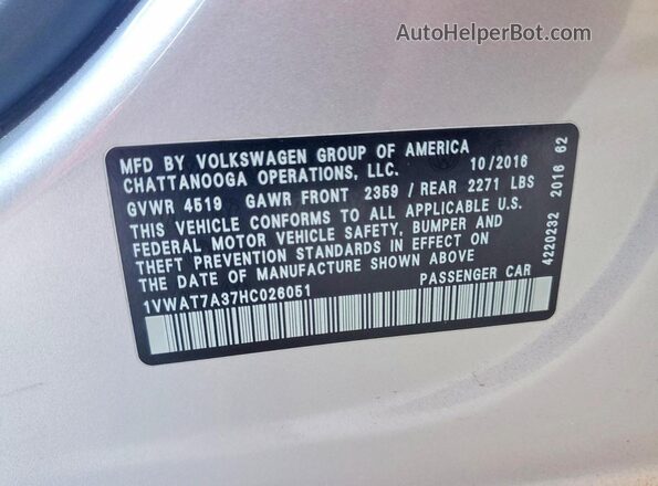 1VWAT7A37HC026051 2017 VOLKSWAGEN PASSAT Silver Vista de la etiqueta del VIN