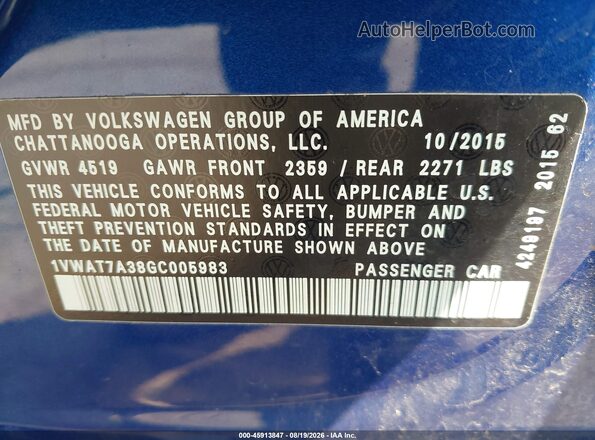 1VWAT7A38GC005983 2016 VOLKSWAGEN PASSAT Blue ძრავის განყოფილების ხედი
