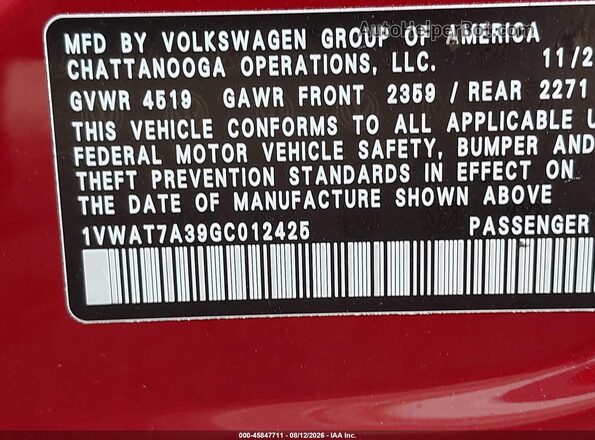 1VWAT7A39GC012425 2016 VOLKSWAGEN PASSAT Red Вид підкапотного простору