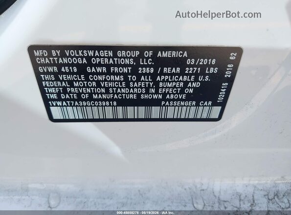 1VWAT7A39GC039818 2016 VOLKSWAGEN PASSAT White Вид підкапотного простору