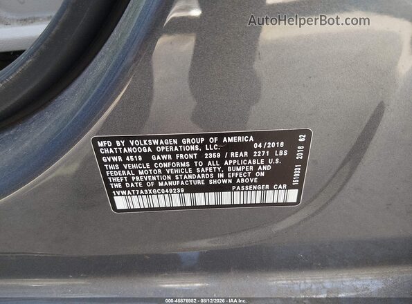 1VWAT7A3XGC049239 2016 VOLKSWAGEN PASSAT Gray Vista del compartimento del motor