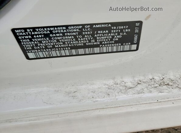 1VWBA7A30JC012153 2018 VOLKSWAGEN PASSAT Белый Вид наклейки с VIN-кодом