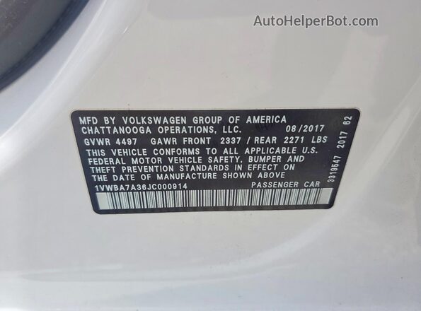 1VWBA7A36JC000914 2018 VOLKSWAGEN PASSAT White Vista del compartimento del motor