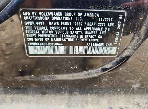 1VWBA7A36JC016644 2018 VOLKSWAGEN PASSAT Blue Вид наклейки з VIN-кодом