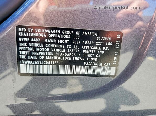 1VWBA7A37JC041133 2018 VOLKSWAGEN PASSAT Gray Vista del compartimento del motor