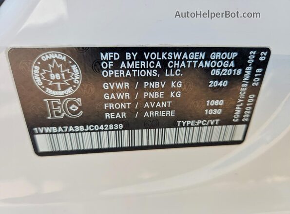 1VWBA7A38JC042839 2018 VOLKSWAGEN PASSAT Белый Вид наклейки с VIN-кодом