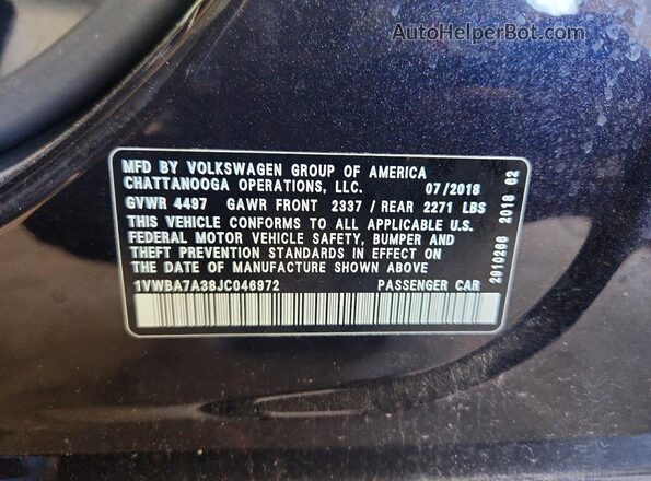 1VWBA7A38JC046972 2018 VOLKSWAGEN PASSAT Black Widok naklejki z numerem VIN