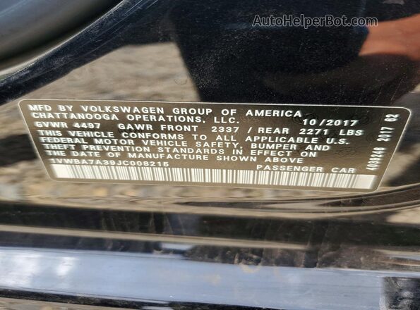 1VWBA7A39JC008215 2018 VOLKSWAGEN PASSAT Black VIN კოდის სტიკერის ხედი