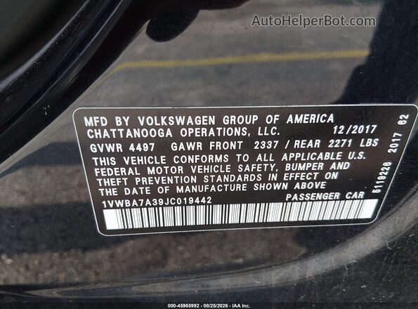 1VWBA7A39JC019442 2018 VOLKSWAGEN PASSAT Black Vista del compartimento del motor