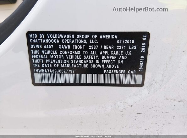 1VWBA7A39JC027797 2018 VOLKSWAGEN PASSAT White Engine compartment view