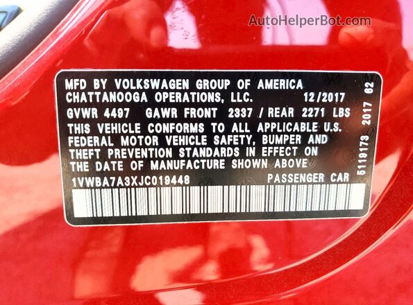 1VWBA7A3XJC019448 2018 VOLKSWAGEN PASSAT Красный Вид подкапотного пространства