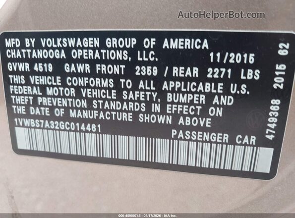 1VWBS7A32GC014461 2016 VOLKSWAGEN PASSAT Gold Widok komory silnika