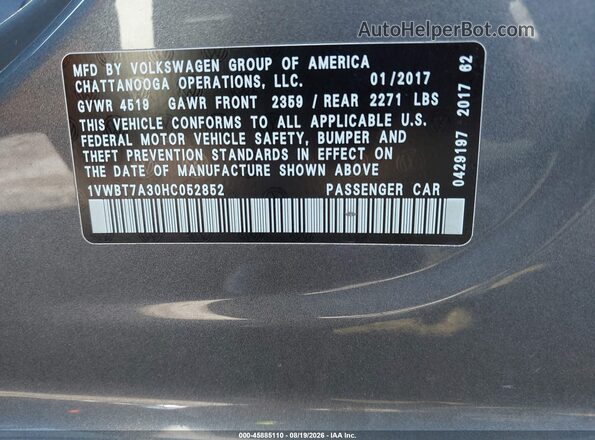 1VWBT7A30HC052852 2017 VOLKSWAGEN PASSAT Серый Вид подкапотного пространства