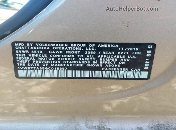 1VWBT7A35GC015357 2016 VOLKSWAGEN PASSAT Бежевый Вид подкапотного пространства