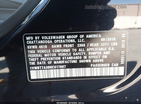 1VWBT7A39HC017887 2017 VOLKSWAGEN PASSAT Black Vista del compartimento del motor