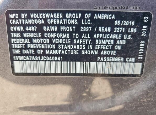 1VWCA7A31JC040841 2018 VOLKSWAGEN PASSAT Gray Շարժիչի բաժամունքի տեսք
