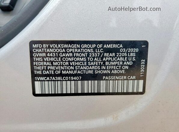 1VWCA7A38LC019407 2020 VOLKSWAGEN PASSAT Silver VIN կոդի պիտակի տեսք