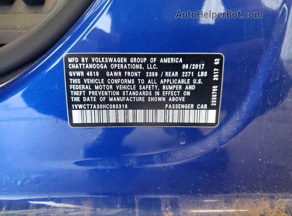 1VWCT7A30HC080316 2017 VOLKSWAGEN PASSAT Blue Vista del compartimento del motor