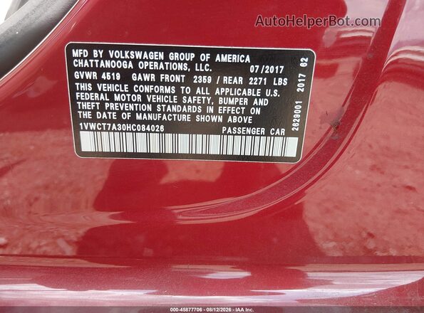 1VWCT7A30HC084026 2017 VOLKSWAGEN PASSAT Burgundy Vista del compartimento del motor