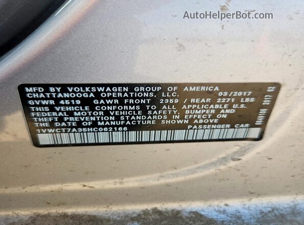 1VWCT7A35HC062166 2017 VOLKSWAGEN PASSAT White Вид підкапотного простору